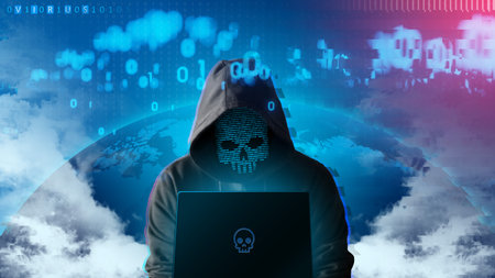 Hacker in the hood working with laptop typing text on the earth background. Image with glitch effect.の写真素材