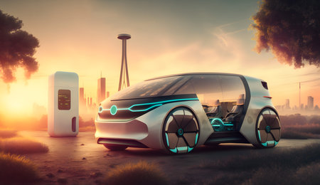 Electric car charging at a EV charging station in the city, industrial landscape, healthy environment without harmful emissions. eco concept. Generative AI.の素材