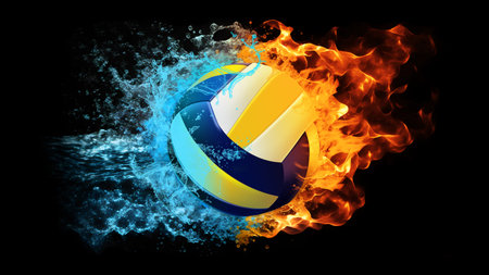 Volleyball sports tournament modern poster template. Volleyball ball exploding by elements fire and water.の写真素材