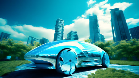 An image capturing the juxtaposition of urbanization and sustainability. The modern city skyline serves as a backdrop to the eco-friendly electric car, representing the need for othersの素材