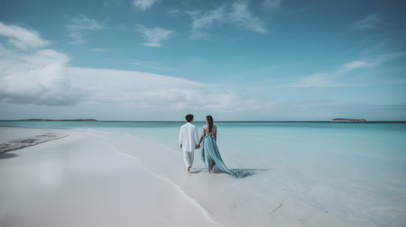 An idyllic and enchanting scene capturing the joy and intimacy of a couple in love. The breathtaking ocean view, with its expansive blue sky and clouds, creates an atmosphere of wonder and awe. The couple, lost in the moment and enjoying each other's presence, radiate happiness and contentment.の素材