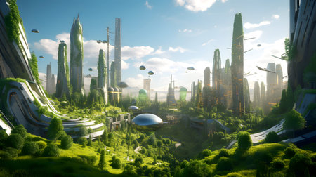 The green city of the future. Spectacular eco-futuristic cityscape ESG concept full with greenery, skyscrapers, generative AIの素材