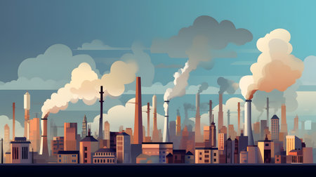 Industry city smoke and pollution chimney stacks.の素材
