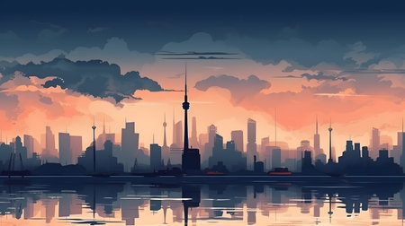 Skyscrapers view above clouds at sunset. Top of high city buildings, downtown towers on background of evening red and purple sky and sun. Cartoon illustration of cityscape over cloの素材