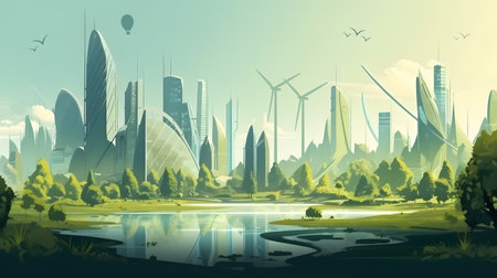 The green city of the future. Spectacular eco-futuristic cityscape ESG concept full with greenery, skyscrapers, generative AIの素材