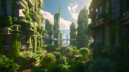 The green city of the future. Spectacular eco-futuristic cityscape ESG concept full with greenery, skyscrapers, generative AIの素材