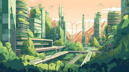 The green city of the future. Spectacular eco-futuristic cityscape ESG concept full with greenery, skyscrapers, generative AIの素材