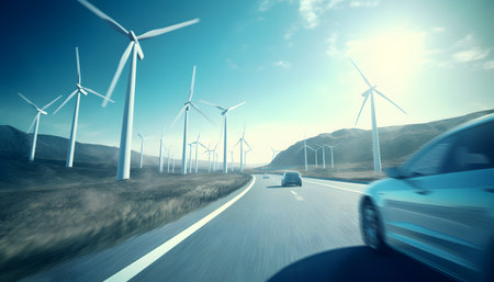 Eco-friendly transportation meets sustainable energy: Electric car drives through a wind turbine farm.の素材