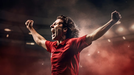 Soccer player celebrates a victory on the professional stadium.の素材