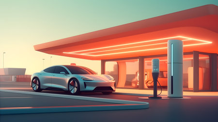 Green Energy in Nature's Embrace: Electric Car Refueling Station Desert, Promoting Eco-Friendly Future with Zero Emissionsの素材