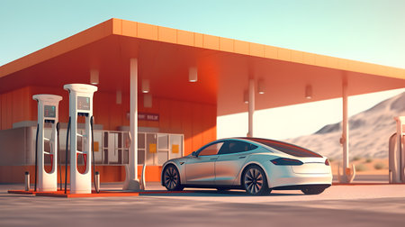 Revolutionizing Mobility: Electric Car Charging Station in the Desert, Embracing Green Energy for a Cleaner Futureの素材