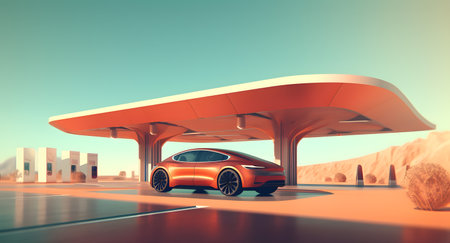 Revolutionizing Mobility: Electric Car Charging Station in the Desert, Embracing Green Energy for a Cleaner Futureの素材