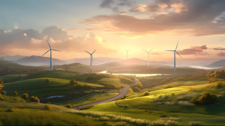 Blending Sustainability and Scenic Beauty: Wind Turbines on the Horizon in Green Countryside, Advocating Alternative Green Energyの素材