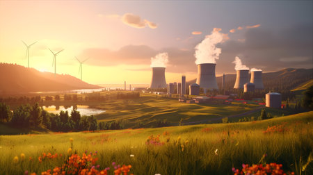 Balancing Energy and Environment: Nuclear Power Plant Amidst Lush Green Hills, Embracing the Ecological Conceptの素材