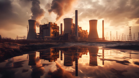 Industrial landscape with heavy pollution produced by a large factoryの素材