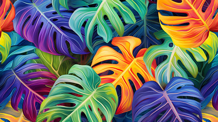Creative fluorescent color layout made of tropical leaves. Glowing neon color. nature concept.の素材