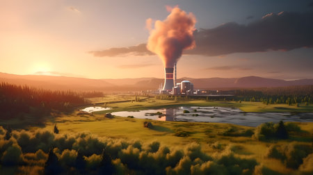 Nuclear plant and wind turbines at sunset. Clean energy concept.の素材