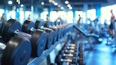 Gym Atmosphere: Close-up of Dumbbells in a Bustling Gym Settingの素材