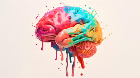 Creative Mind: Brain Imagery with Colorful Paint Drips on Whiteの素材
