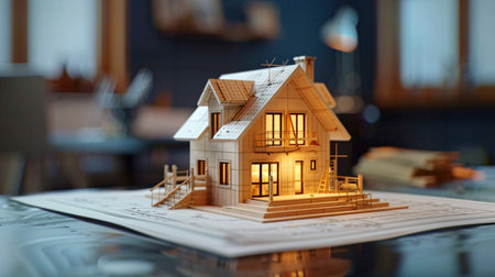 Architect's vision: realistic house model on architectural planの素材