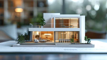 Architectural concept: realistic modern house model on blueprintの素材
