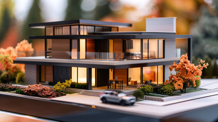 Architect's vision: realistic modern house model on architectural planの素材