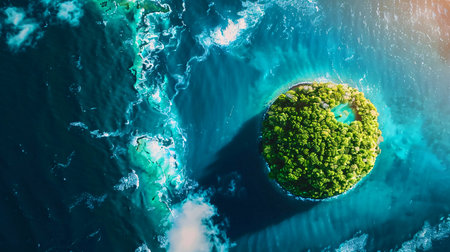 Protecting tropical forests: building an ecological future for our planet. A green island surrounded by a blue sea.の素材