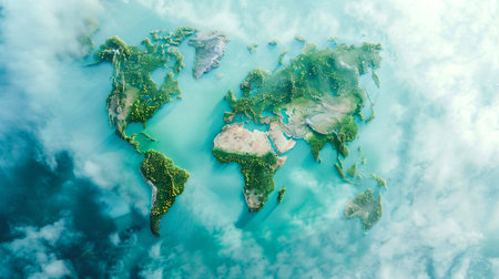 The concept of an ecological world map. Continents covered with vegetation.の素材