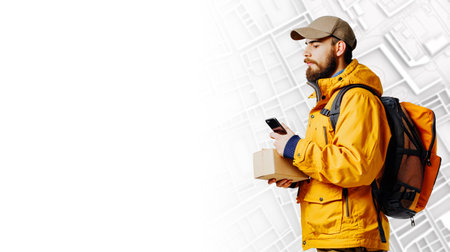 Modern delivery technology: a deliveryman uses a gps device or smartphone for navigation while holding a courier parcel, isolated on whiteの写真素材