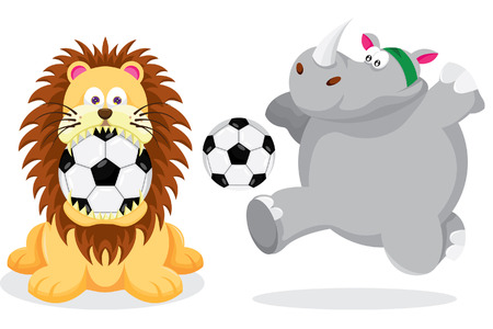 Lion and Rhinoceros play with Footballのイラスト素材