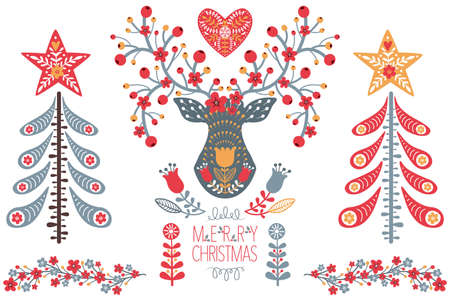 Folk Christmas Art Design Setのイラスト素材