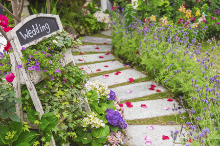 Romantic path to wedding banquet in beautiful green gardenの写真素材
