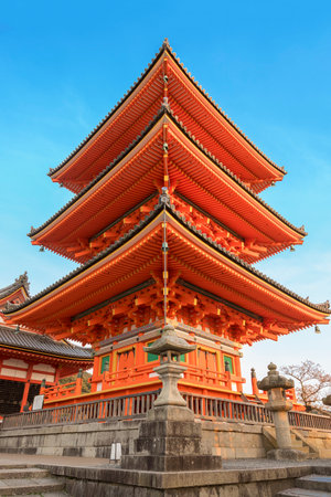 tall pagoda tower in Kiyomizu Temple in Kyoto Japan.のeditorial素材