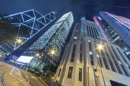 office building in Hong Kong city at nightの写真素材