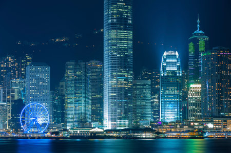 High rise modern buildings in Hong Kong city at nightのeditorial素材