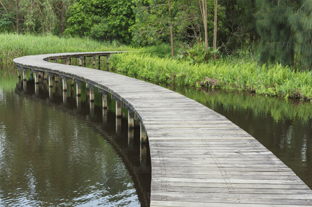 Wooden bridge across in lakeの写真素材