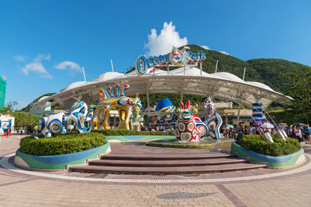 Hong Kong, China - July 24, 2017 : main entrance of Ocean Park Hong Kong. Ocean Park is an animal theme park exhibits such as grant panda and dolphin. It is one of the famous theme parks in Hong Kong.のeditorial素材