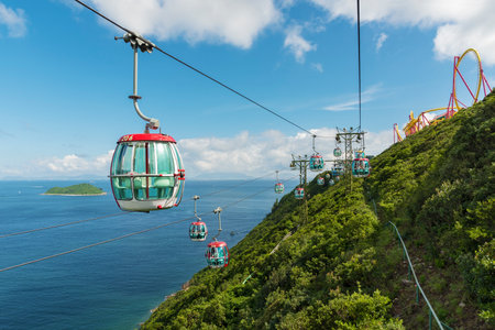 Hong Kong, China - July 24, 2017 : Cable car in Ocean Park, Hongkong. Cable car carries tourists up to the entertainment park. Ocean Park also a center for giant panda breeding.のeditorial素材
