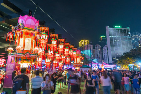 HONG KONG , CHINA - SEPT 16 :Traditional Chinese lanterns light up for celebrating the mid-autumn festival, also known as moon festival on Sept 16, 2016 in Hong kong.のeditorial素材