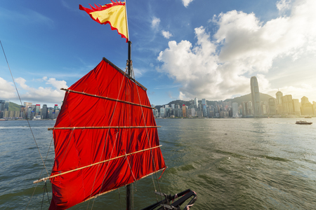 Sailing ship in Victoria Harbor of Hong Kongの写真素材