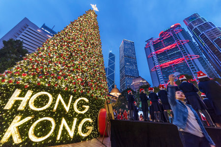 HONG KONG - DECEMBER 24, 2016 : people taking photo in front of Christmas tree in Central district of Hong Kong, China.のeditorial素材