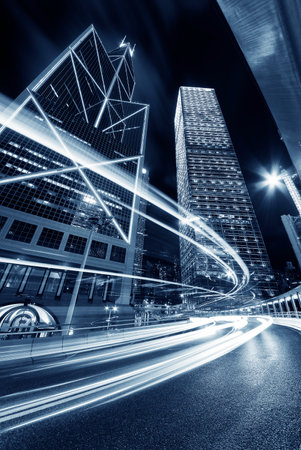 traffic in central district of Hong Kong city at nightのeditorial素材