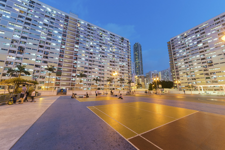 playground of public estate in Hong Kong city at nightの写真素材
