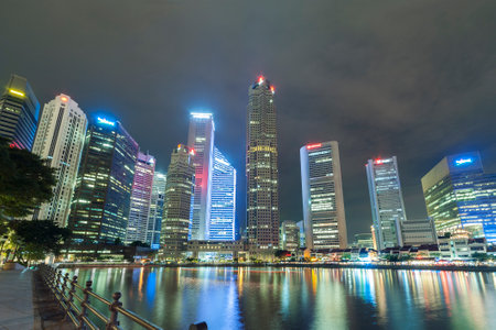 Skyline of Singapore city at nightのeditorial素材