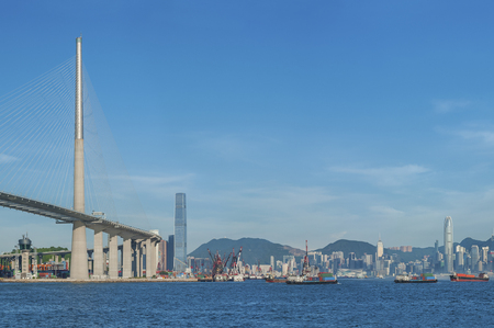 Suspension bridge in Hong Kong harborの写真素材