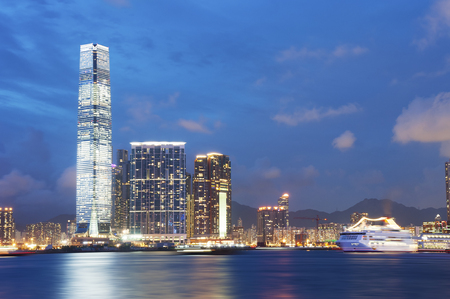 Victoria Harbor of Hong Kong city at nightの写真素材