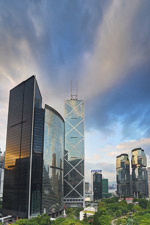 Modern office buildings in Hong Kong at duskの写真素材