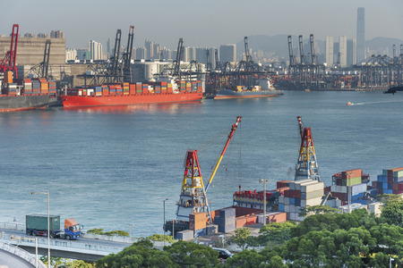 Cargo Port and Highway in Hong Kong cityの写真素材