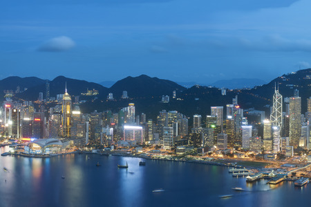 Panorama of aerial view of Hong Kong city at nightの写真素材