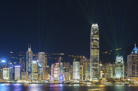 "A Symphony of Lights", Laser show in Victoria Harbor in Hong Kong cityの写真素材